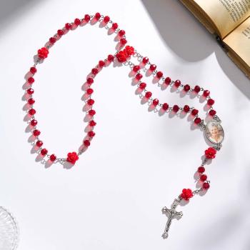 Collier Chapelet Personnalisé En Perles Et Croix, Collier En Cristal Rose Personnalisé Avec Photo - votrecollierprenomfr