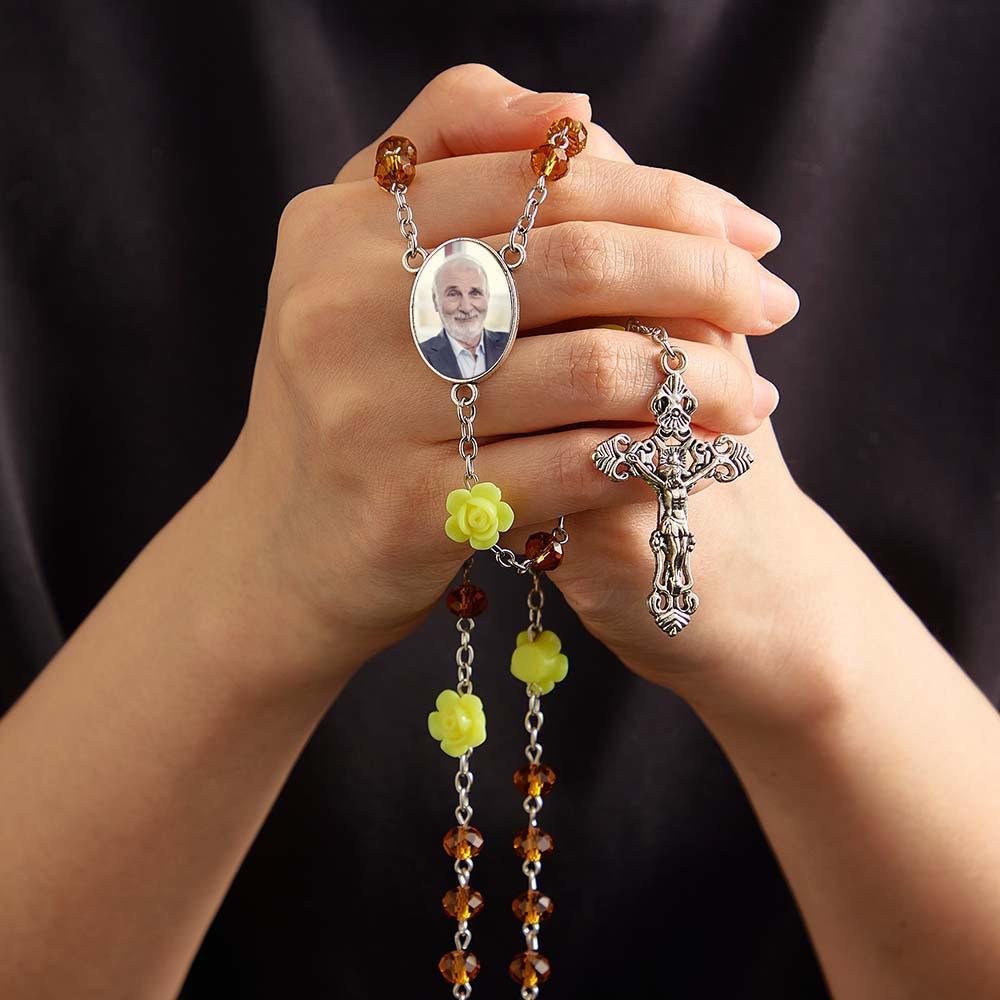 Collier Chapelet Personnalisé En Perles Et Croix, Collier En Cristal Rose Personnalisé Avec Photo - votrecollierprenomfr