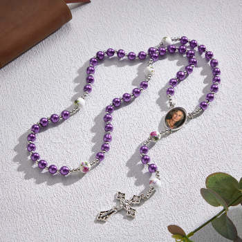 Chapelet Personnalisé En Perles, Collier Croisé En Céramique, Collier De Perles D'imitation De Verre Rose Avec Photo - votrecollierprenomfr