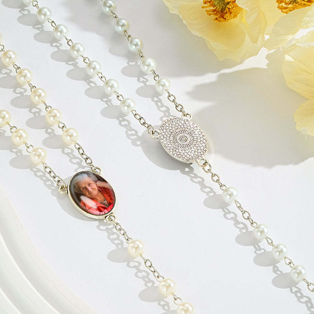 Chapelet Personnalisé Perles Croix Collier Personnalisé Blanc Perles D'imitation Collier Avec Photo - votrecollierprenomfr