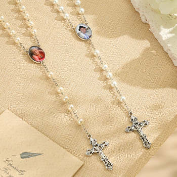 Chapelet Personnalisé Perles Croix Collier Personnalisé Blanc Perles D'imitation Collier Avec Photo - votrecollierprenomfr