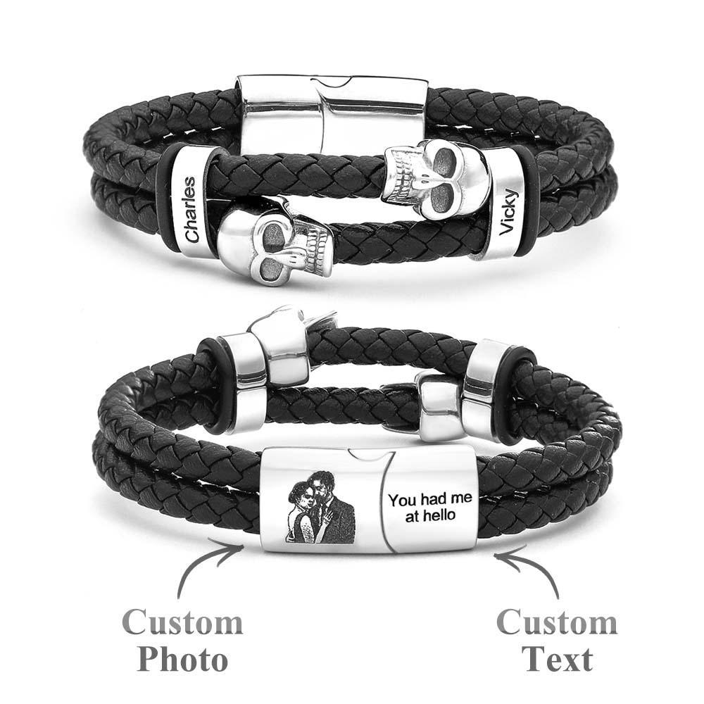 Bracelet En Cuir Avec Photo De Crâne Personnalisé, Bracelet Tressé Multicouche Gravé, Cadeaux Pour Hommes - votrecollierprenomfr