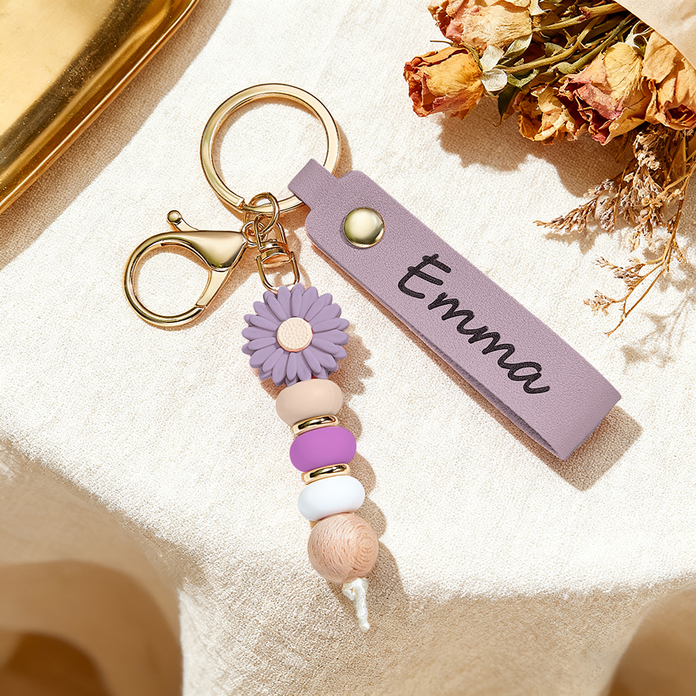 Porte-clés Personnalisé En Perles De Marguerite, Nom Personnalisé, Porte-clés En Cuir Gravé, Porte-clés En Faux Cuir, Porte-clés En Perles, Cadeau Pour Elle - votrecollierprenomfr