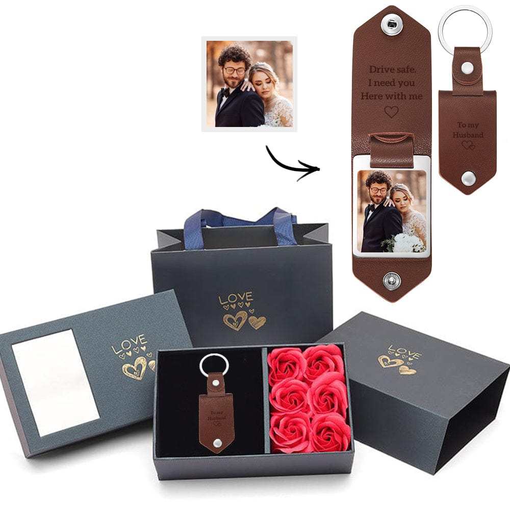 Porte-clés En Cuir Personnalisé, Gravure Personnalisée, Cadeau D'anniversaire Pour Couple, Avec Boîte À Fleurs - votrecollierprenomfr