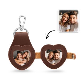 Porte-clés Photo Personnalisé En Cuir En Forme De Coeur Pour Commémorer Les Cadeaux - votrecollierprenomfr