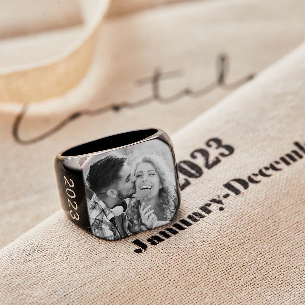Bague Carrée Avec Photo Personnalisée Cadeau De Bague Gravée Sur Mesure Pour Homme - votrecollierprenomfr