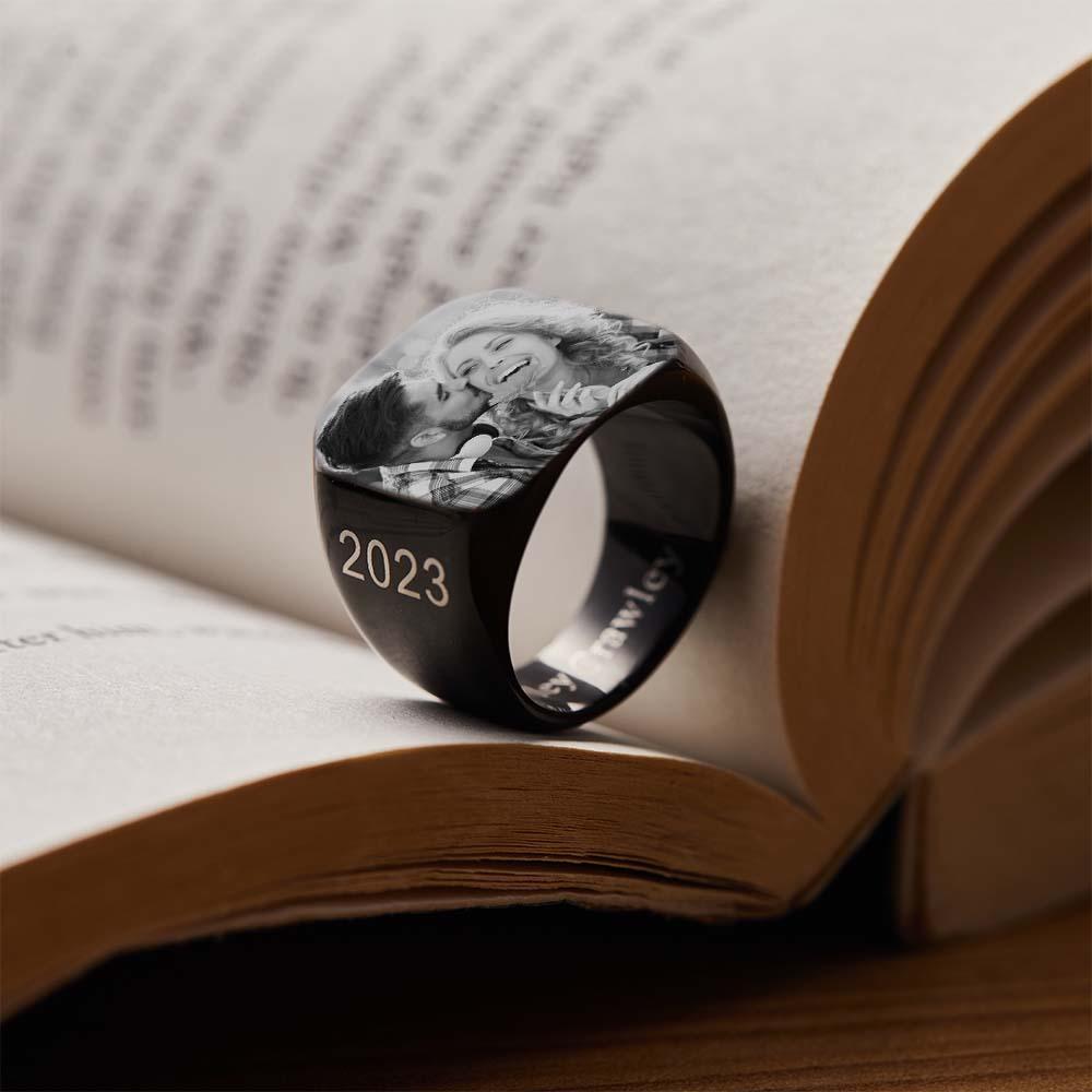 Bague Carrée Avec Photo Personnalisée Cadeau De Bague Gravée Sur Mesure Pour Homme - votrecollierprenomfr