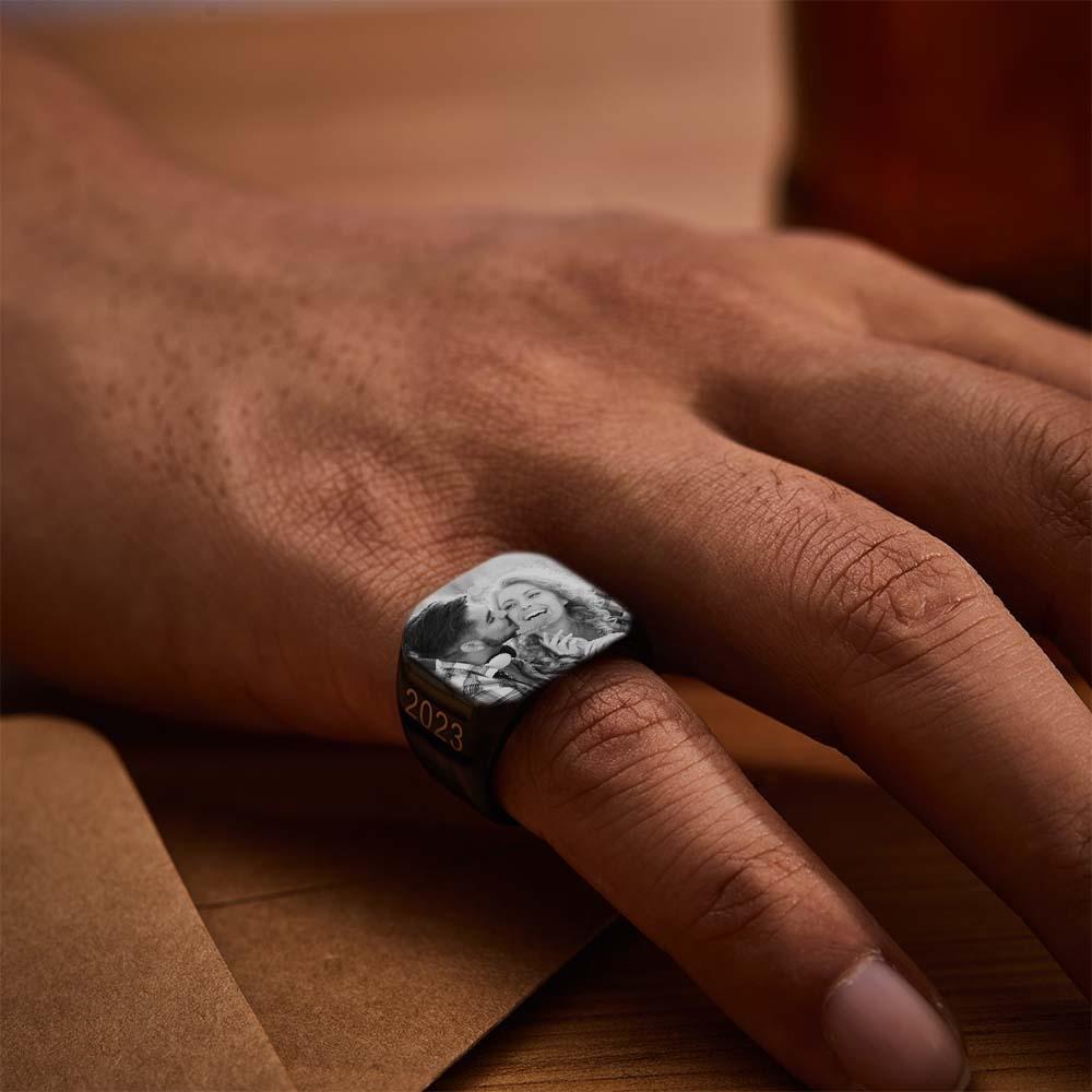 Bague Carrée Avec Photo Personnalisée Cadeau De Bague Gravée Sur Mesure Pour Homme - votrecollierprenomfr