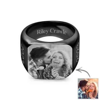 Bague Carrée Avec Photo Personnalisée Cadeau De Bague Gravée Sur Mesure Pour Homme - votrecollierprenomfr