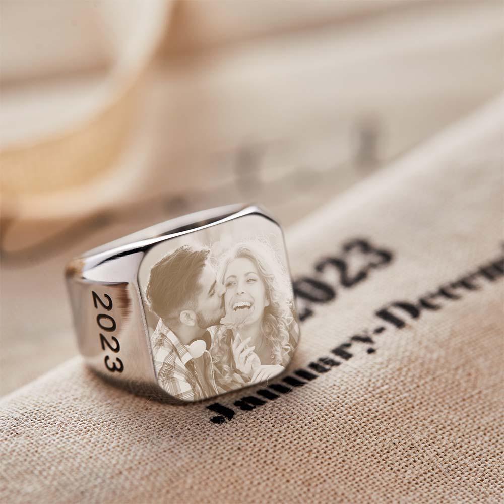 Bague Carrée Avec Photo Personnalisée Cadeau De Bague Gravée Sur Mesure Pour Homme - votrecollierprenomfr