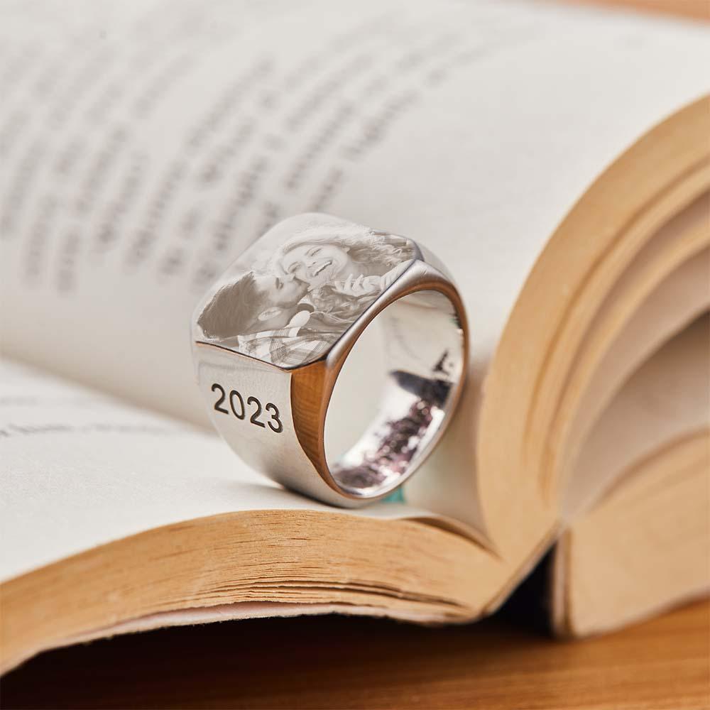 Bague Carrée Avec Photo Personnalisée Cadeau De Bague Gravée Sur Mesure Pour Homme - votrecollierprenomfr