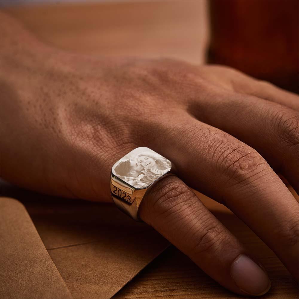 Bague Carrée Avec Photo Personnalisée Cadeau De Bague Gravée Sur Mesure Pour Homme - votrecollierprenomfr