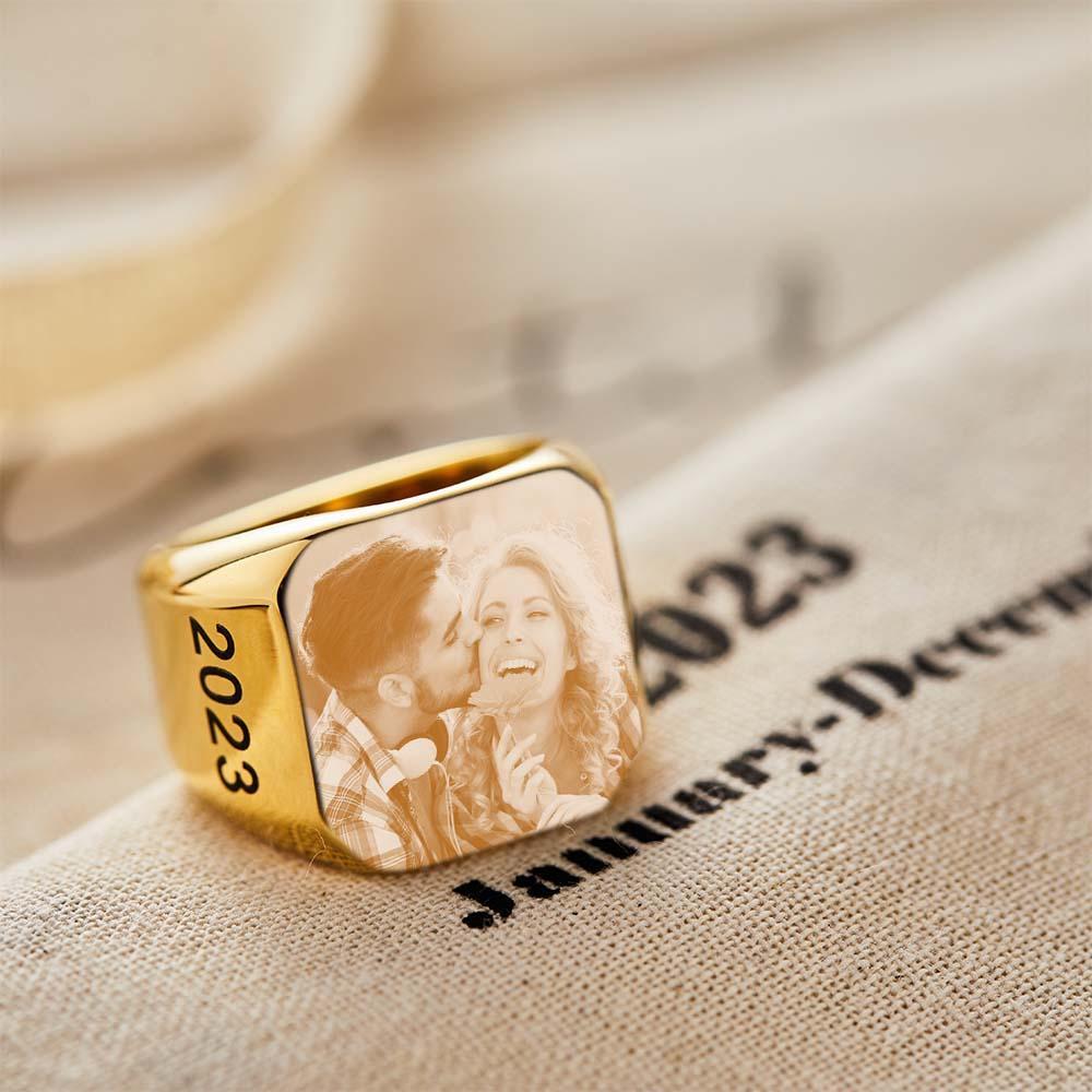 Bague Carrée Avec Photo Personnalisée Cadeau De Bague Gravée Sur Mesure Pour Homme - votrecollierprenomfr