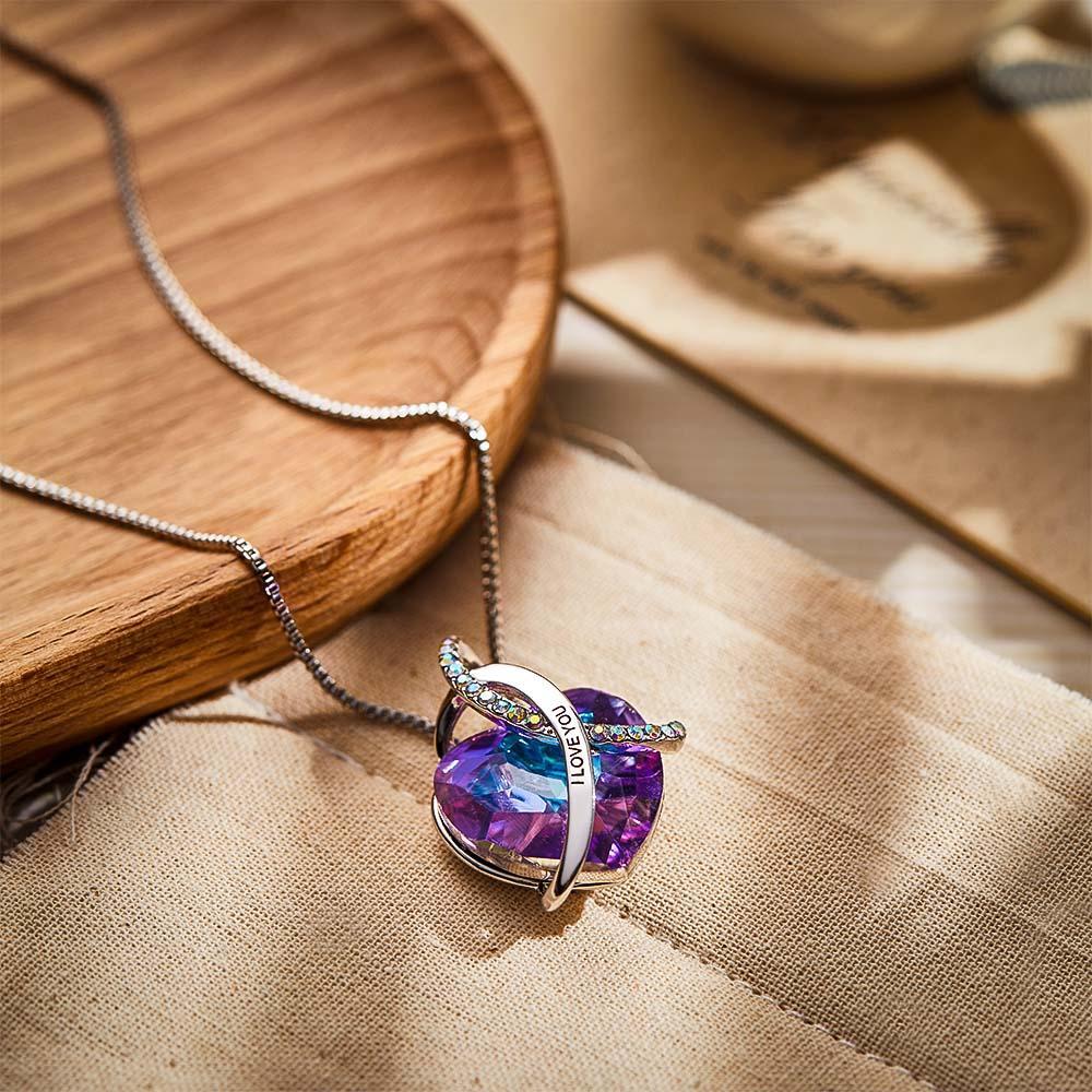 Collier Gravé Personnalisé Coeur De Cristal Cadeaux D'amour Pour Femme - votrecollierprenomfr