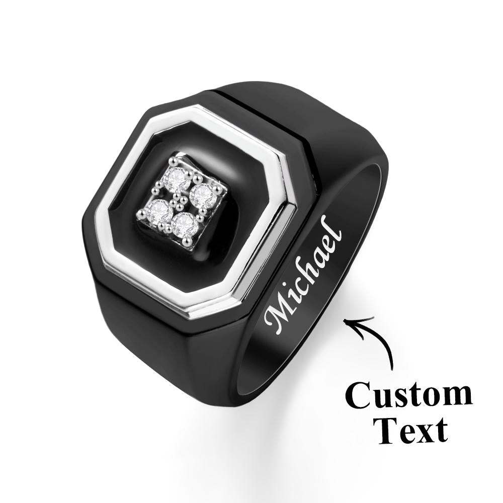 Bague De Glace Gravée, Décor Noir, Bijoux En Pierre Brillante Pour Hommes - votrecollierprenomfr