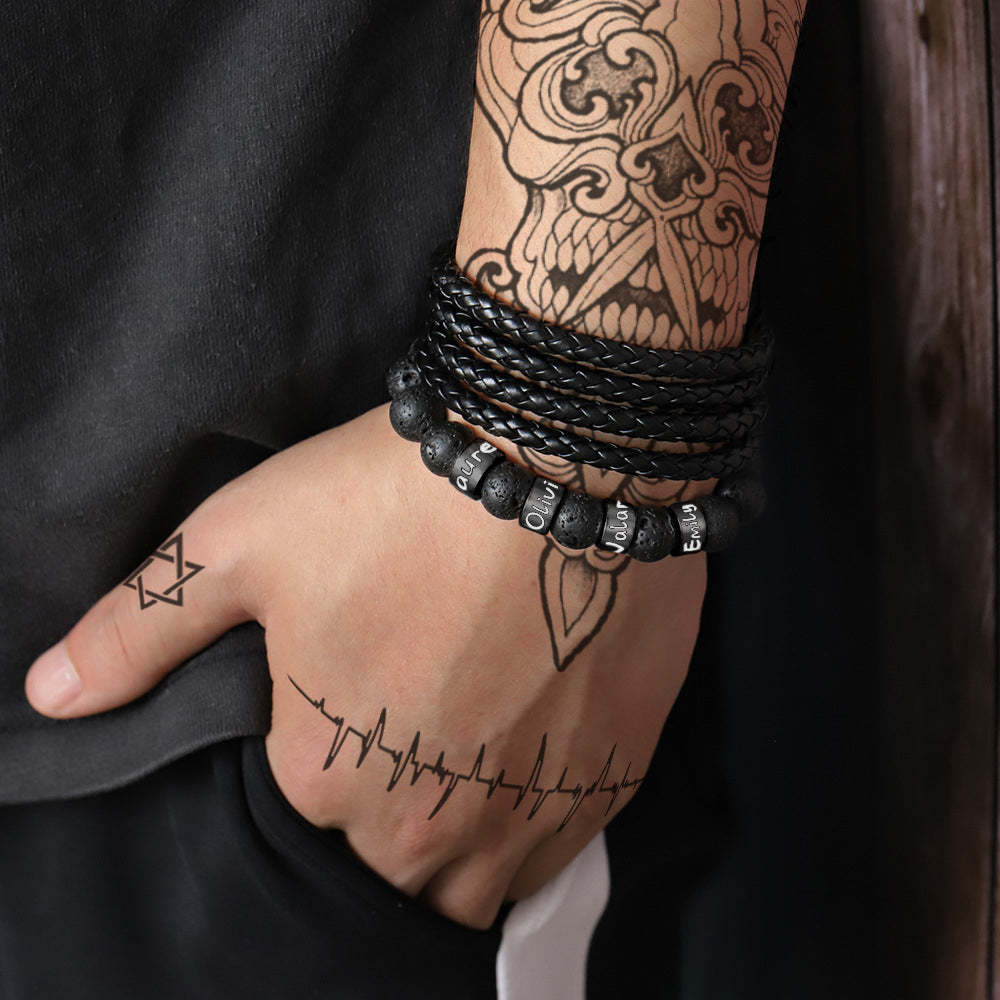Bracelet De Perles En Pierre De Lave Noire Avec Nom Personnalisé, Cadeau Pour Hommes, Mari, Père, Grand-père - votrecollierprenomfr