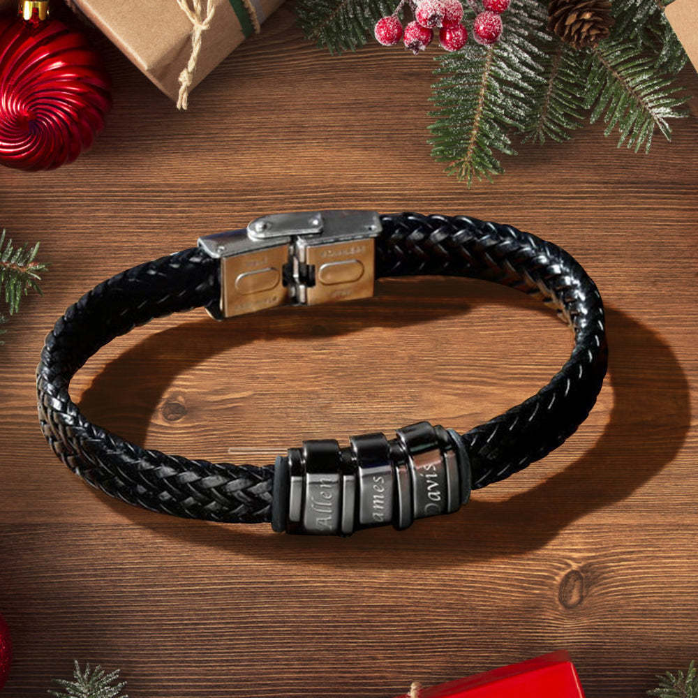 Bracelet Personnalisé Cadeau De Noël Pour Hommes, Cadeau Personnalisé Pour Papa Nom Bracelet Noir - votrecollierprenomfr
