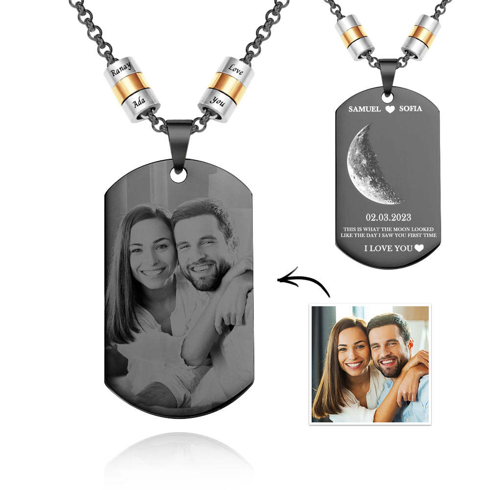 Collier Photo Personnalisé Avec Phase De Lune, Avec Perles Gravées, Pendentif Audacieux, Cadeaux Pour Les Amoureux - votrecollierprenomfr