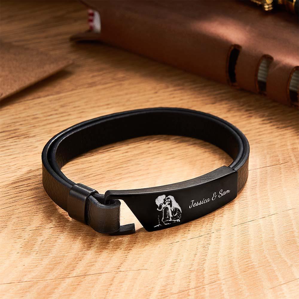 Bracelet En Cuir Photo Personnalisé Avec Texte, Bracelet Rétro Simple, Cadeau Pour Hommes - votrecollierprenomfr