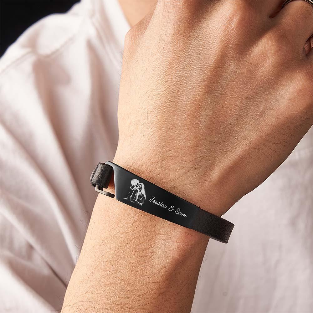 Bracelet En Cuir Photo Personnalisé Avec Texte, Bracelet Rétro Simple, Cadeau Pour Hommes - votrecollierprenomfr
