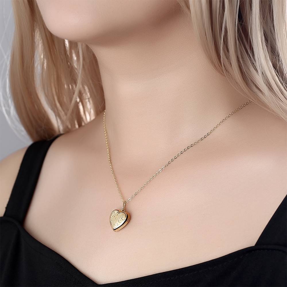 Collier Photo Médaillon Coeur Impression De Croix à Graver Plaqué Or 14k