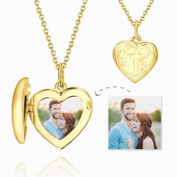 Collier Photo Médaillon Coeur Impression De Croix à Graver Plaqué Or 14k