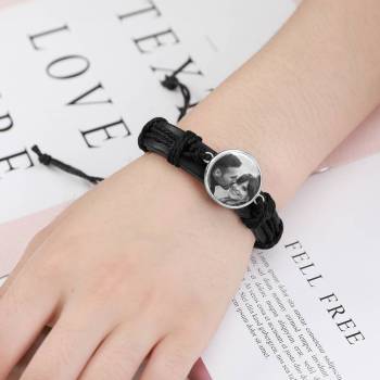 Photocopying Black Leather Round-shaped Photo Bracelet Silver Plated 