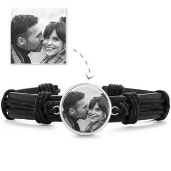 Photocopying Black Leather Round-shaped Photo Bracelet Silver Plated 