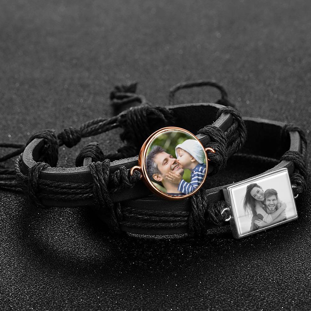 Colorful Black Leather Round-shaped Photo Bracelet Rose Gold Plated