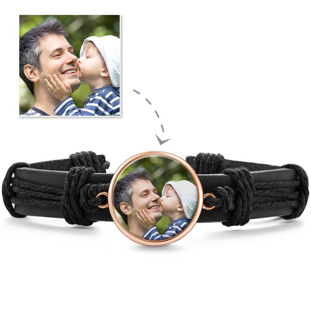Colorful Black Leather Round-shaped Photo Bracelet Rose Gold Plated