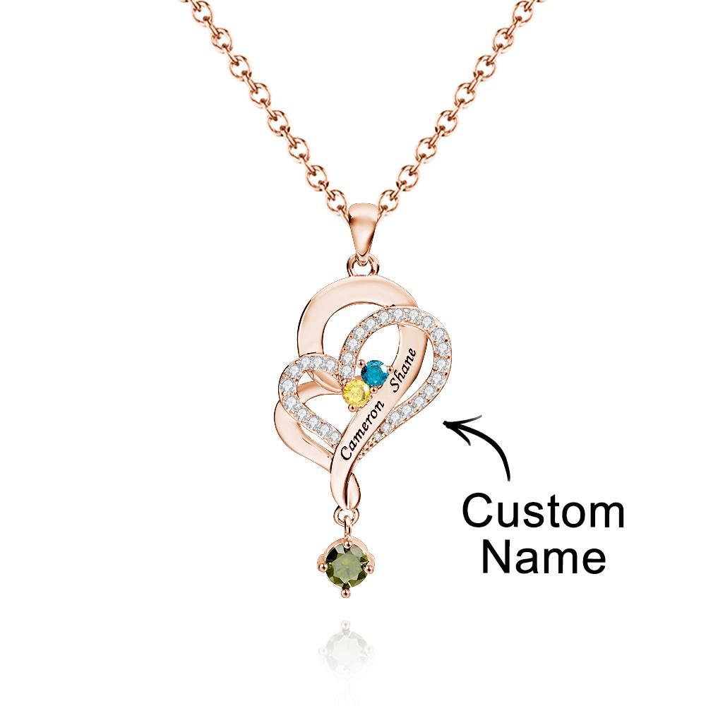 Collier Double Cœur Avec Pierre De Naissance Personnalisée, Pendentif Élégant Gravé, Bijoux Pour Elle - votrecollierprenomfr