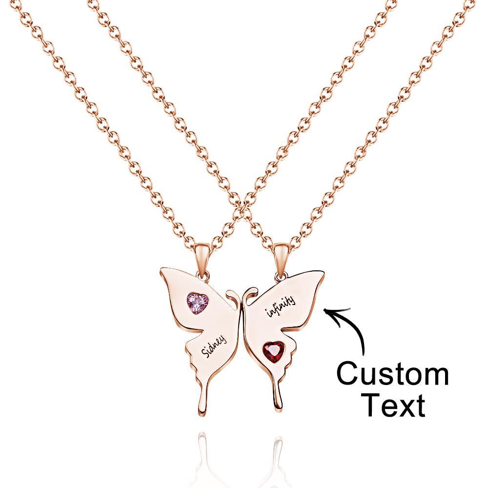 Collier Papillon Gravé Personnalisé Avec Pierre De Naissance En Forme De Cœur, Double Chaîne, Cadeaux Créatifs Pour Sœurs - votrecollierprenomfr