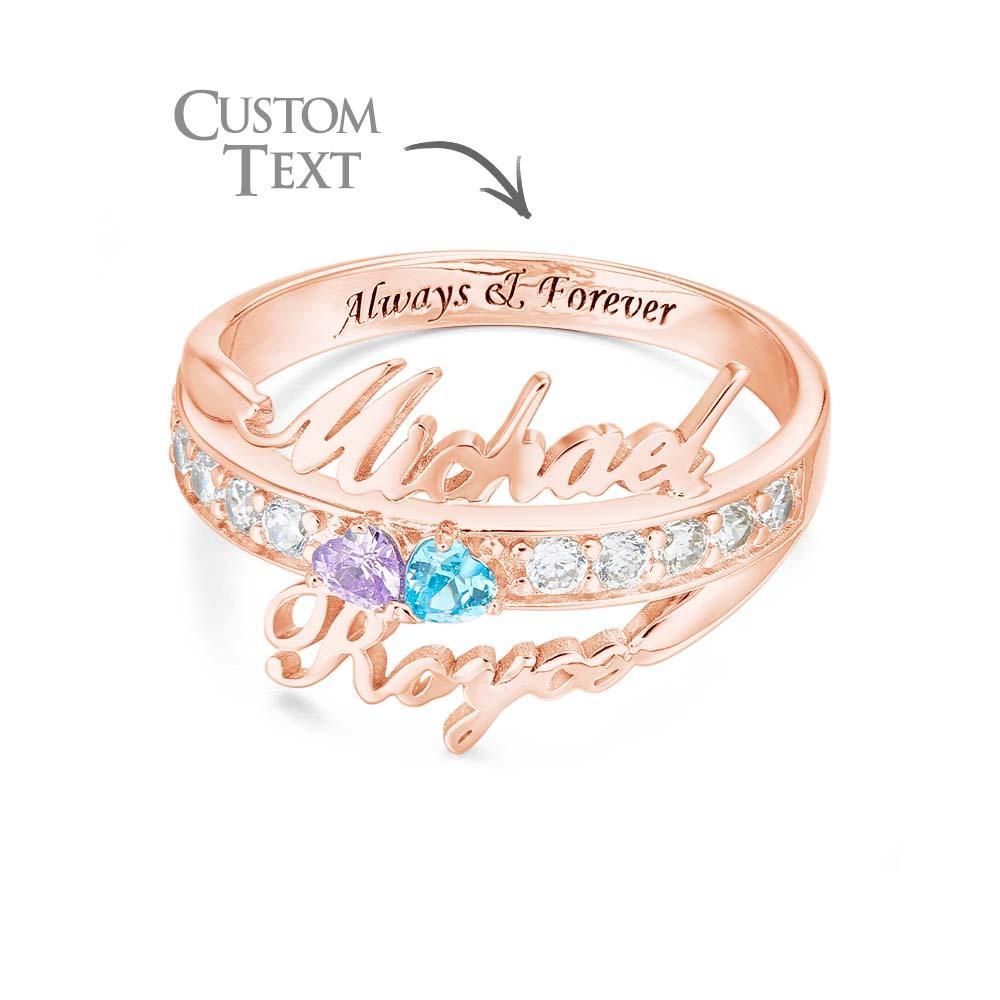 Bague De Promesse Avec Nom Et Texte Personnalisés, Double Cœur, Pierre De Naissance, Cadeau D'anniversaire - votrecollierprenomfr