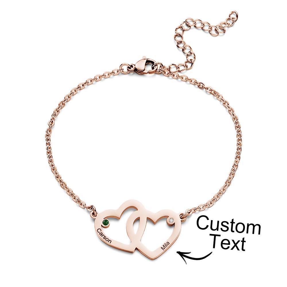 Bracelet À Double Cœur Gravable Avec Chaîne De Pierre De Naissance, Cadeaux Pour Femmes - votrecollierprenomfr