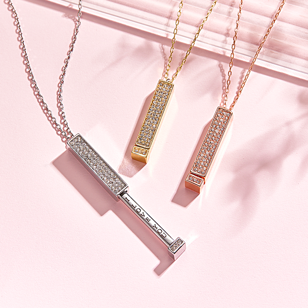 Collier Barre Gravée Sur Mesure Avec Zircon, Collier Barre Verticale Personnalisé, Collier À Message Caché, Cadeau Surprise Pour Elle - votrecollierprenomfr