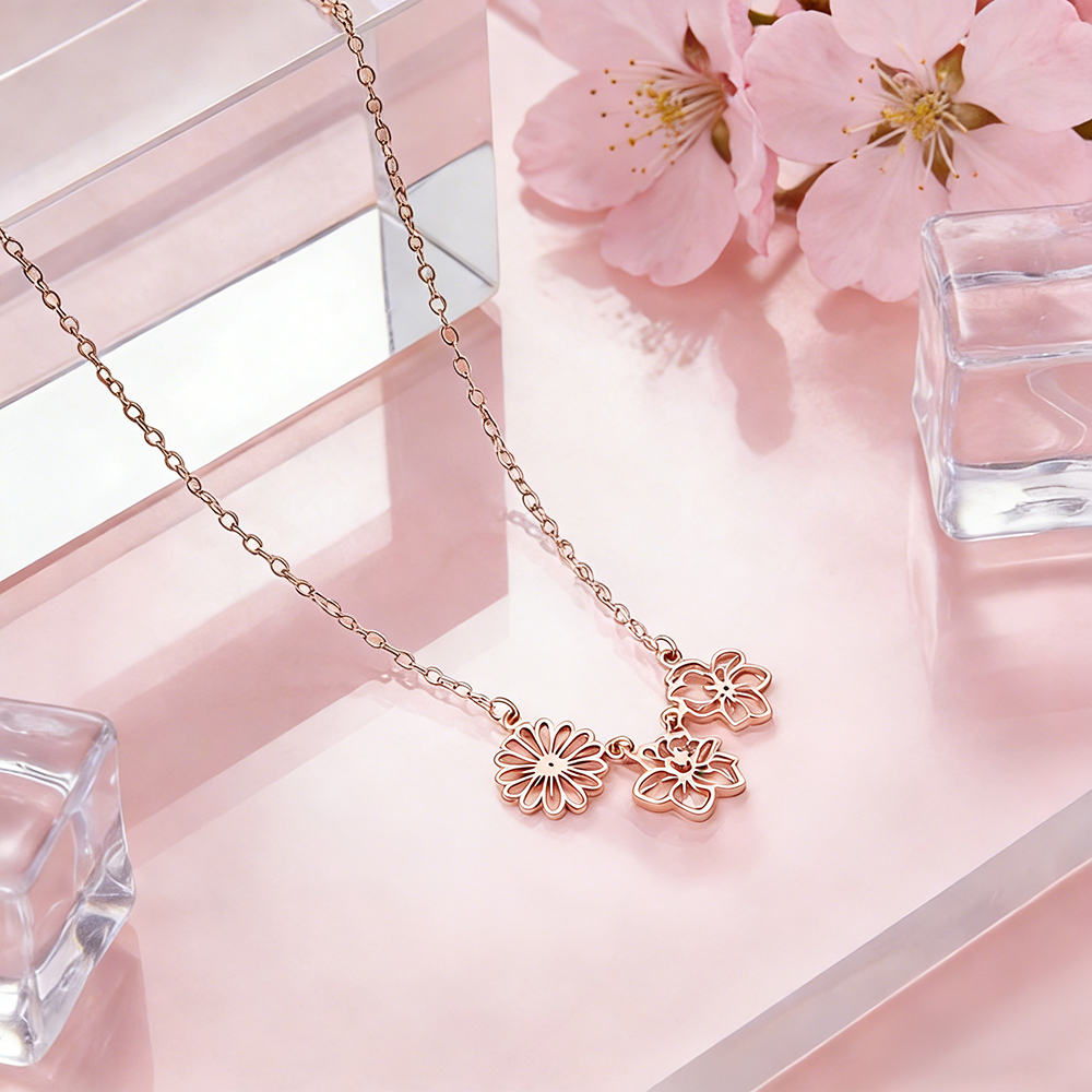 Collier Personnalisé Avec Fleur Et Pierre De Naissance - Pendentif Familial - Collier De Fleurs De Naissance - Collier De Fleurs De Naissance Familial - votrecollierprenomfr