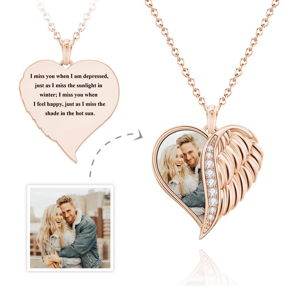 Collier Photo Gravé Personnalisé Ailes D'ange Coeur Cadeaux - votrecollierprenomfr
