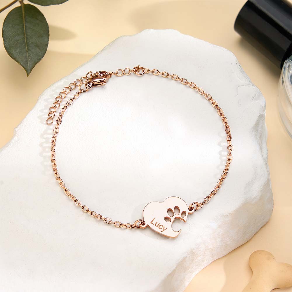 Personalized Heart Paw Print Bracelet – Custom Pet Name Jewelry for Pet Lovers