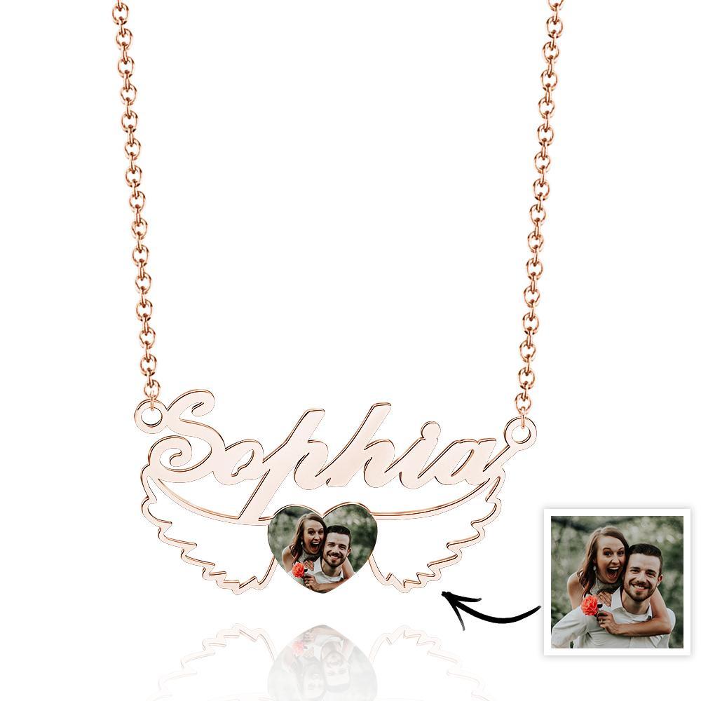 Collier Prénom Photo Personnalisé Coeur Ailes Couple Cadeaux - votrecollierprenomfr