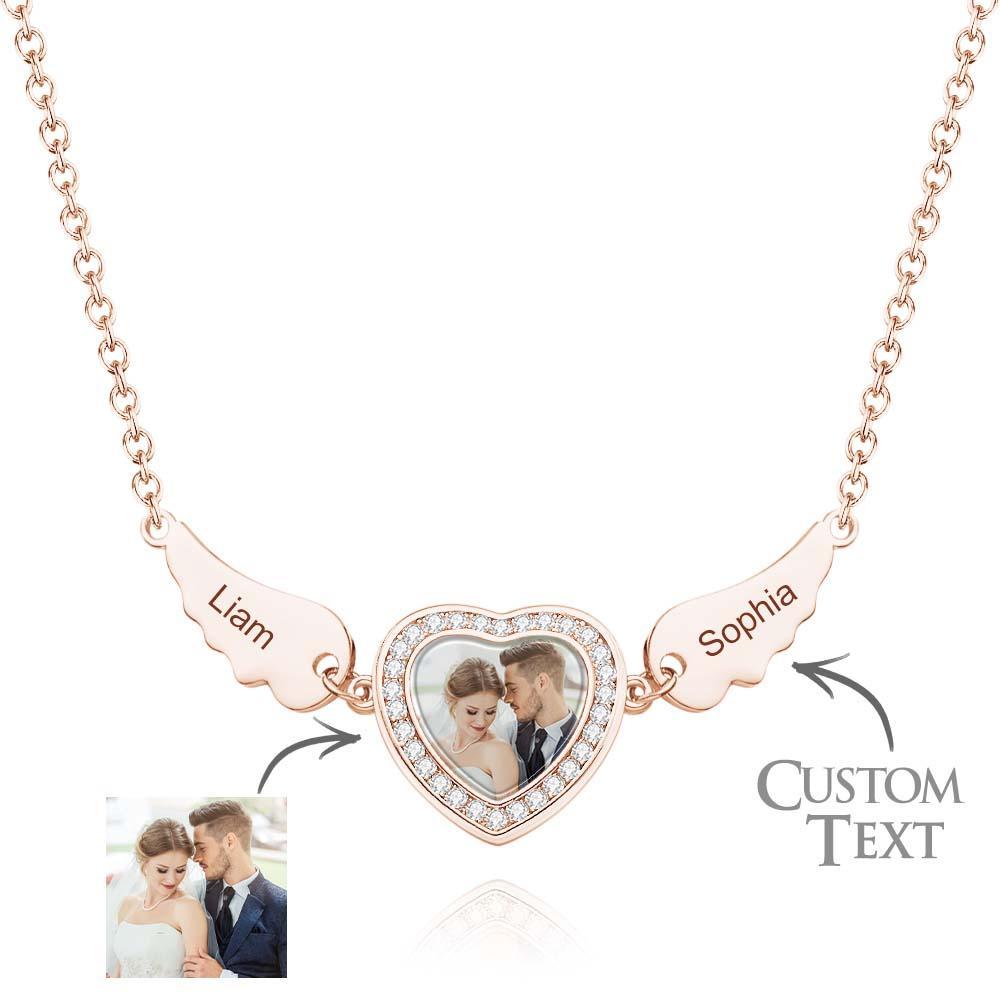 Collier Ailes D'ange Avec Photo Personnalisée, Décor En Zircon, Pendentif En Forme De Cœur, Cadeaux Pour Elle - votrecollierprenomfr