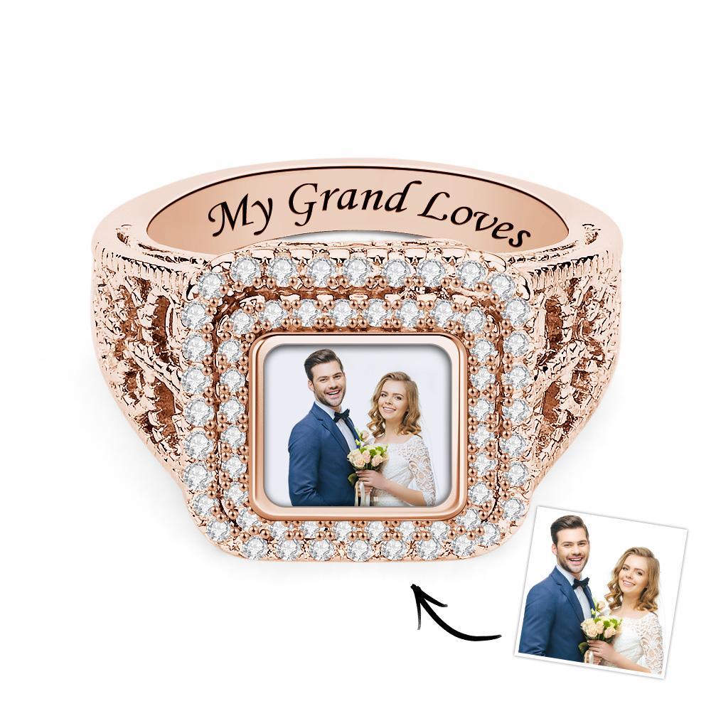 Bague En Zircon Avec Photo Personnalisée, Bijoux Scintillants Nobles, Cadeaux Pour Couples - votrecollierprenomfr