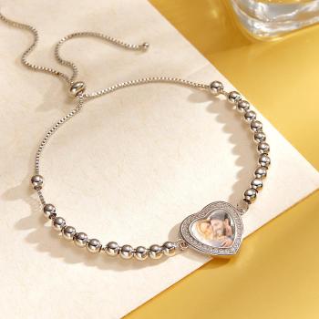 Bracelet Photo Personnalisé, Perles Personnalisées, Pendentif En Forme De Cœur En Zircon, Réglable, Cadeaux Pour Femmes - votrecollierprenomfr