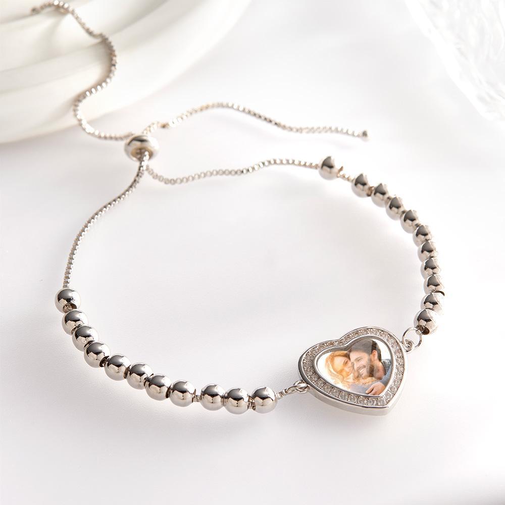 Bracelet Photo Personnalisé, Perles Personnalisées, Pendentif En Forme De Cœur En Zircon, Réglable, Cadeaux Pour Femmes - votrecollierprenomfr