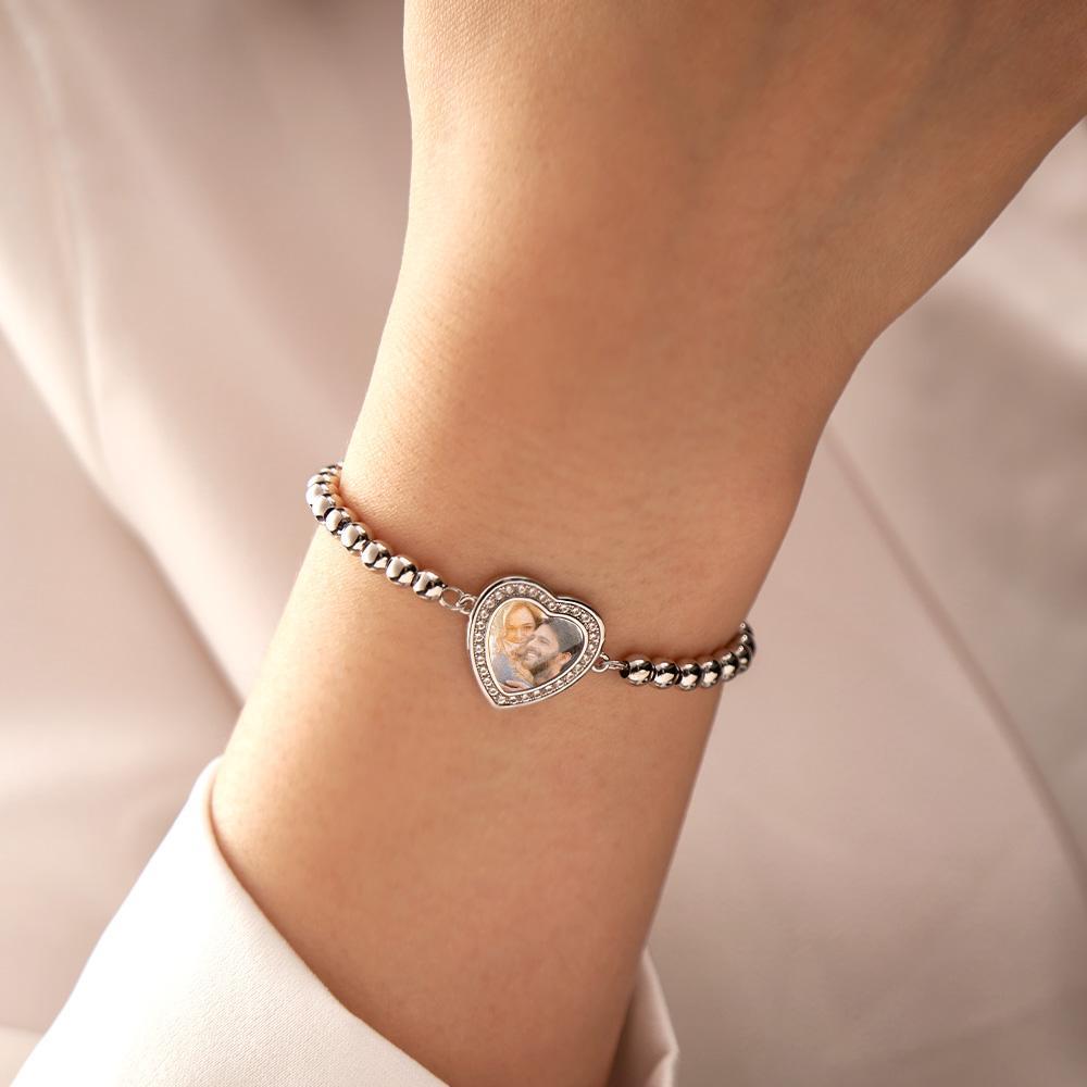 Bracelet Photo Personnalisé, Perles Personnalisées, Pendentif En Forme De Cœur En Zircon, Réglable, Cadeaux Pour Femmes - votrecollierprenomfr