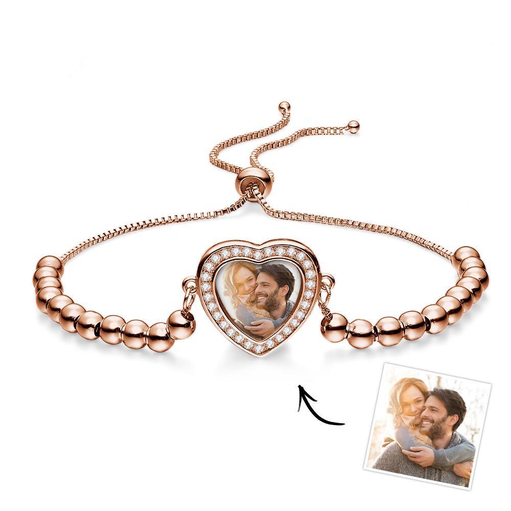 Bracelet Photo Personnalisé, Perles Personnalisées, Pendentif En Forme De Cœur En Zircon, Réglable, Cadeaux Pour Femmes - votrecollierprenomfr