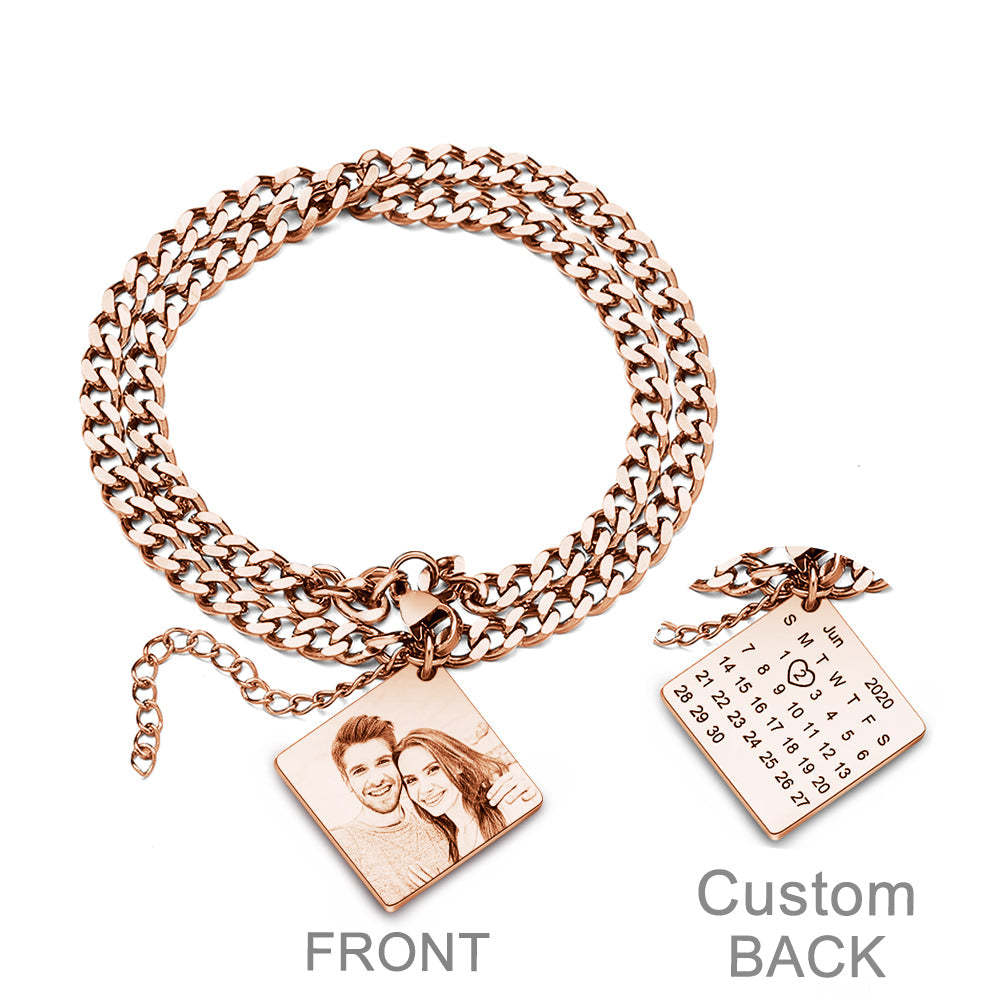 Bracelet Personnalisé Avec Photo Gravée Et Date, Calendrier Personnalisé, Double Chaîne, Cadeau Pour Hommes - votrecollierprenomfr