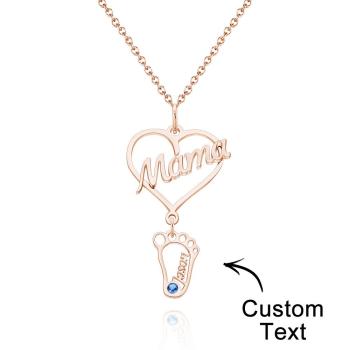 Collier Prénom Gravé Personnalisé Love Mama Coeur Avec Diamants Baby Feet Charm - votrecollierprenomfr
