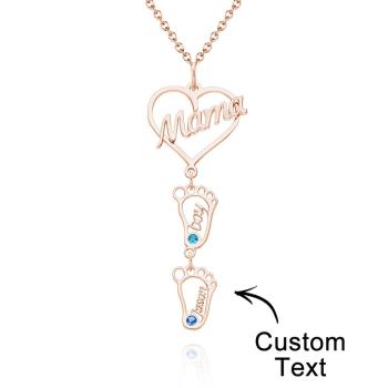 Collier Prénom Gravé Personnalisé Love Mama Coeur Avec Diamants Baby Feet Charm - votrecollierprenomfr