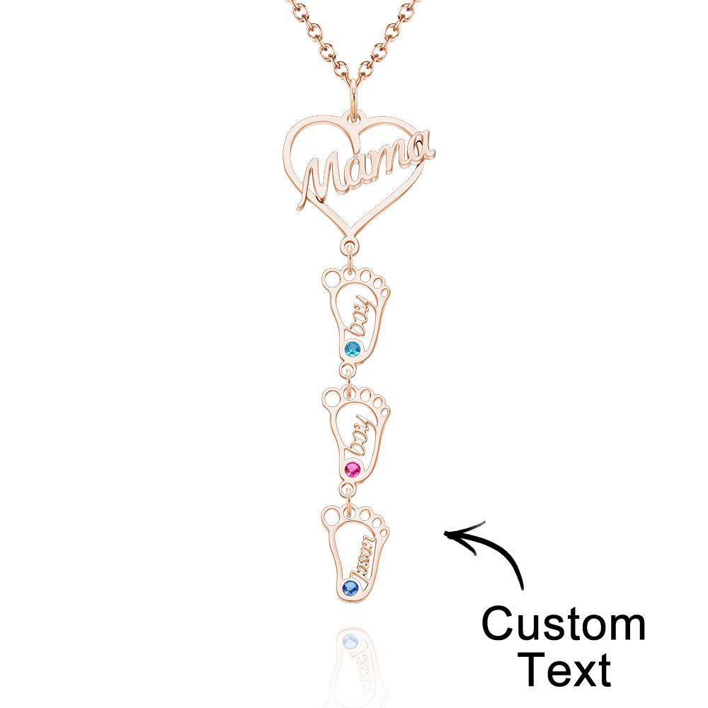 Collier Prénom Gravé Personnalisé Love Mama Coeur Avec Diamants Baby Feet Charm - votrecollierprenomfr