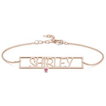 Hollow Carved Bar Name Bracelet with Custom Birthstone Rose Gold Plated
